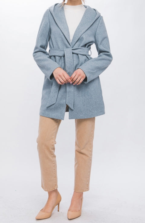 BLUE STONE COMFY FLEECE BELTED  COAT WITH HOODY