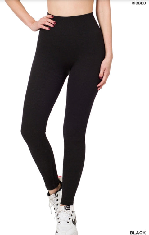 Ribbed High Waist Leggings One Size Super Stretchy