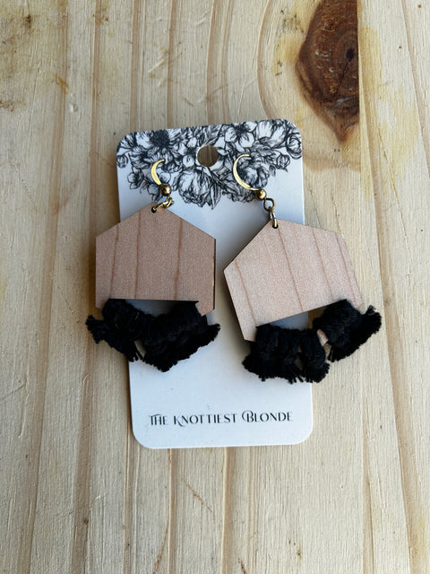 Wood And Black Yarn Earrings
