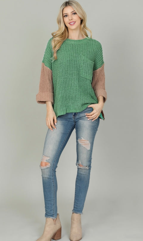 GREEN COMBO KNIT TOP