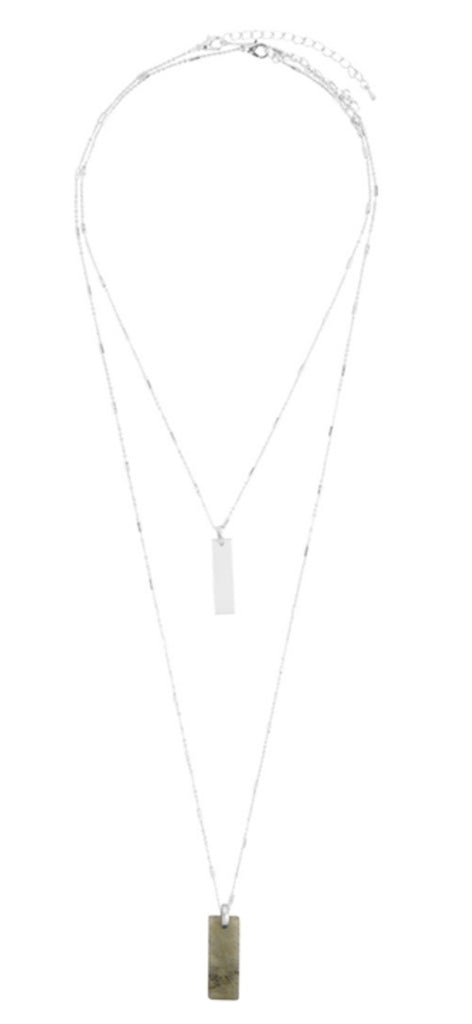 Layered Bar Green Stone Necklace In Silver