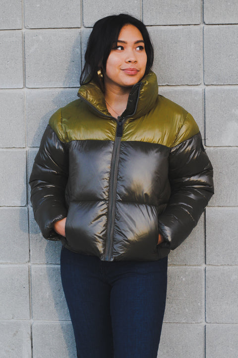 Evergreen Color Block Puffer Jacket Cropped
